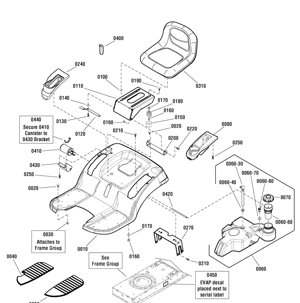 Seat Deck And Fuel Tank Group - Evap Compliant Diagram and Parts List for 2691085-00 (107250040-CTX9000)(2012) Briggs and Stratton Lawn Tractor Accessories